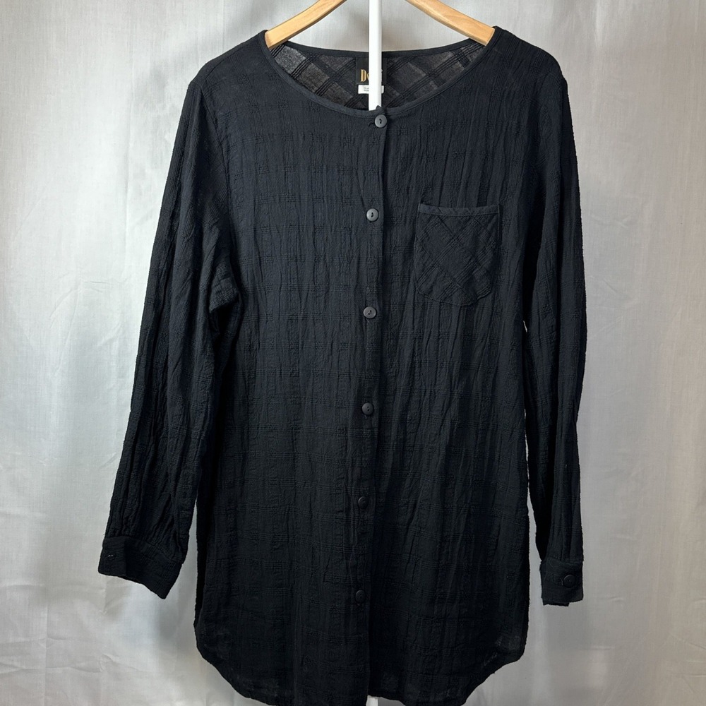 Dotti Black Cotton Gauze Button Front Tunic Top Large Long Sleeve Pocket 2212